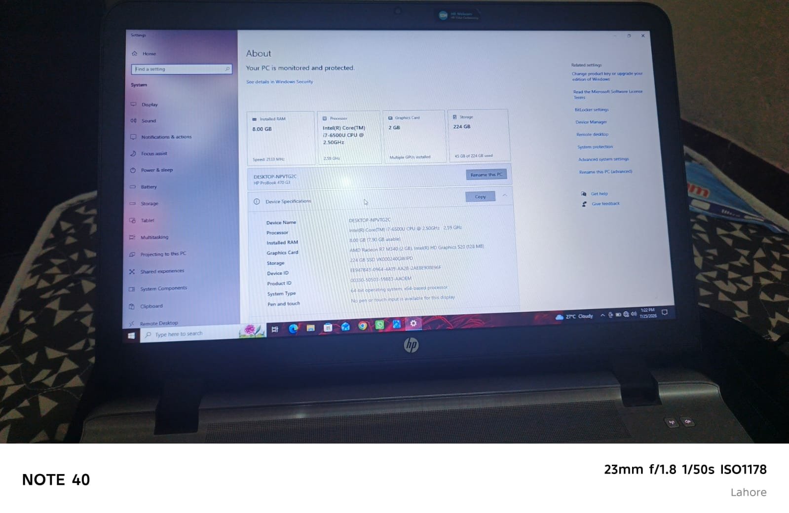 Hp probook470 G3 core i7 6th Gen 8GB RAM 224GB SSD
