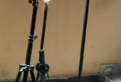 Studio lights and microphones with stands
