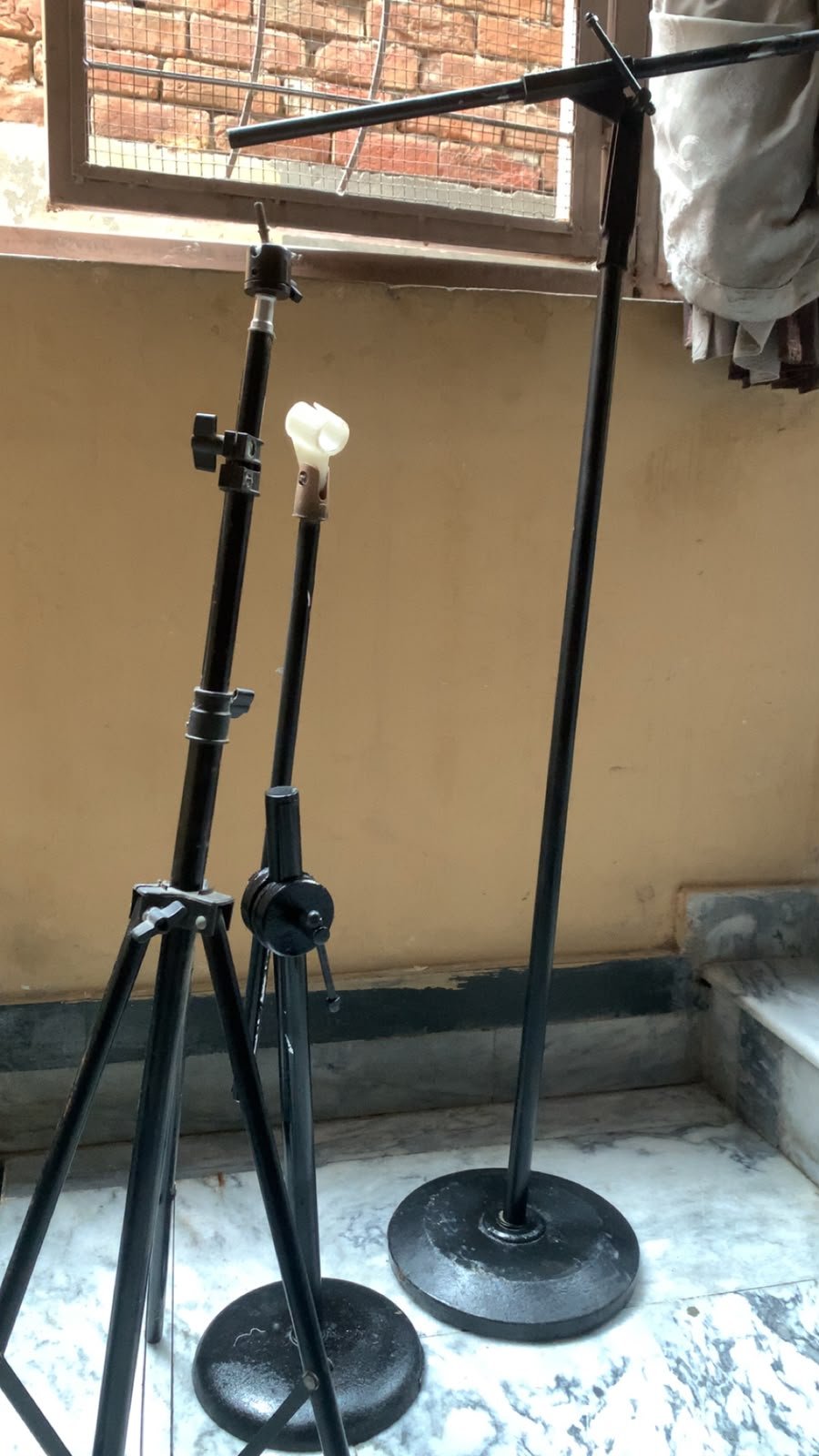 Studio lights and microphones with stands