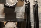 Studio lights and microphones with stands
