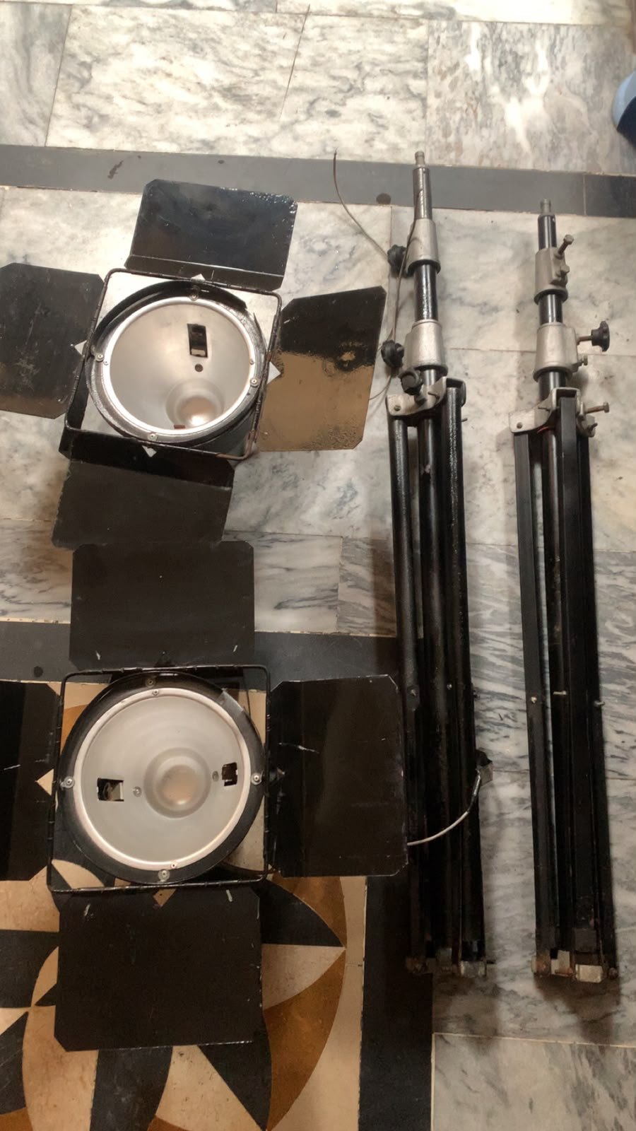 Studio lights and microphones with stands