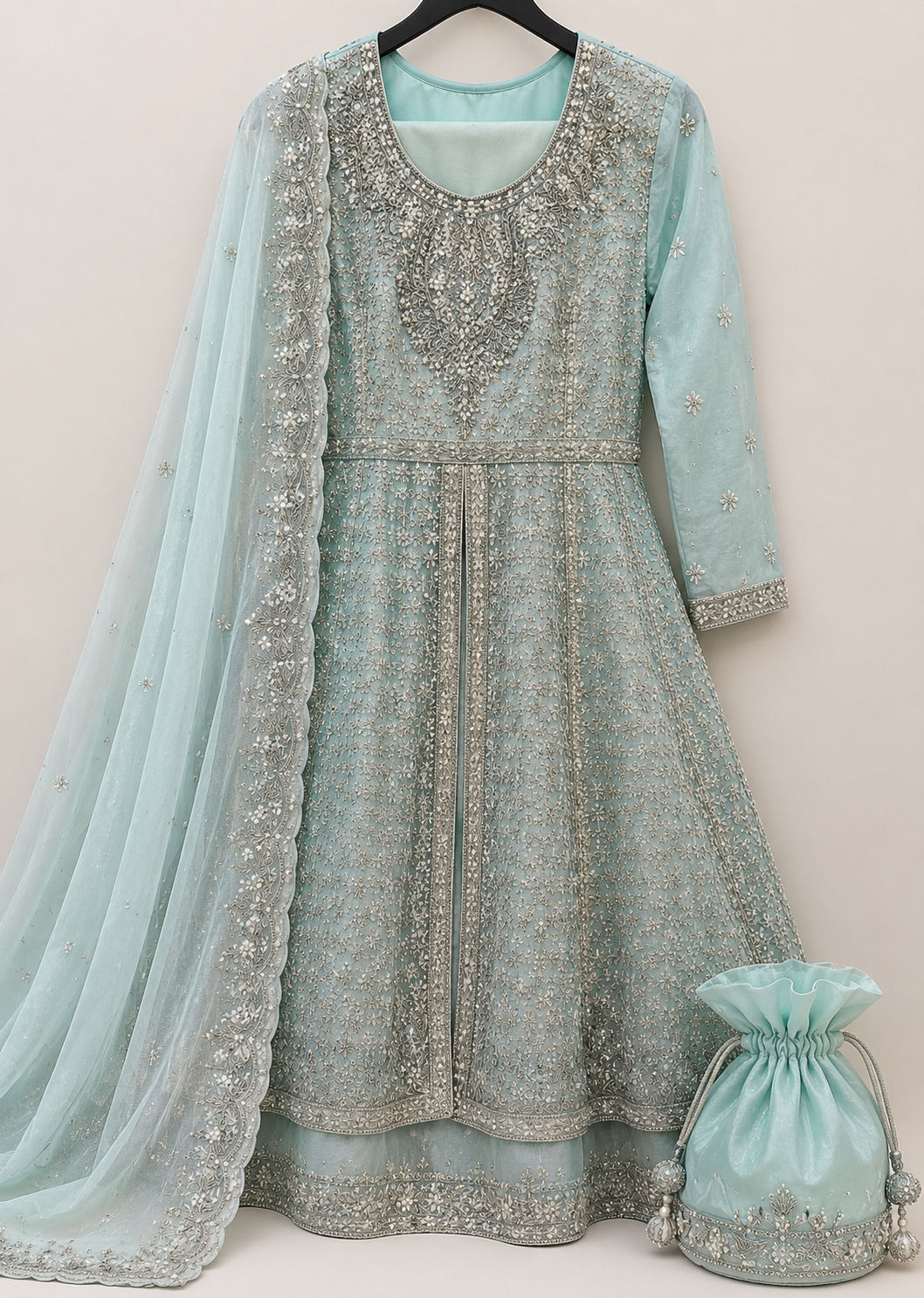 Luxury Ice Blue Embroidered Maxi With Dupatta