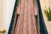 Elegant Pink Embroidered Anarkali Dress with Navy Blue Dupat