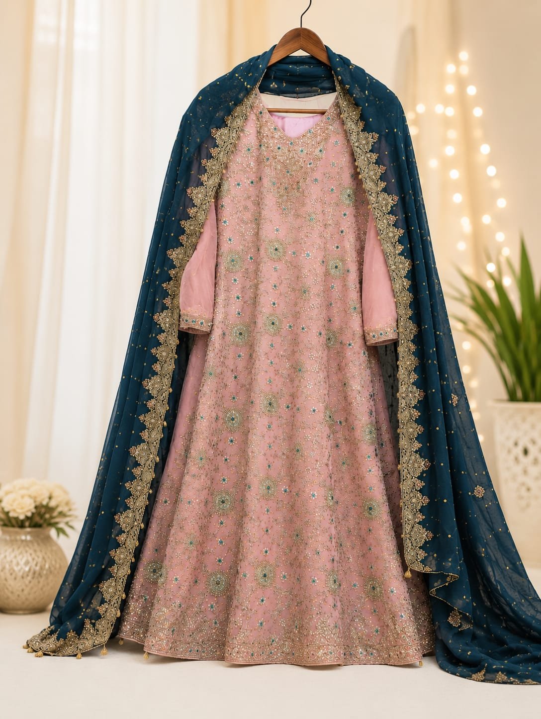 Elegant Pink Embroidered Anarkali Dress with Navy Blue Dupat