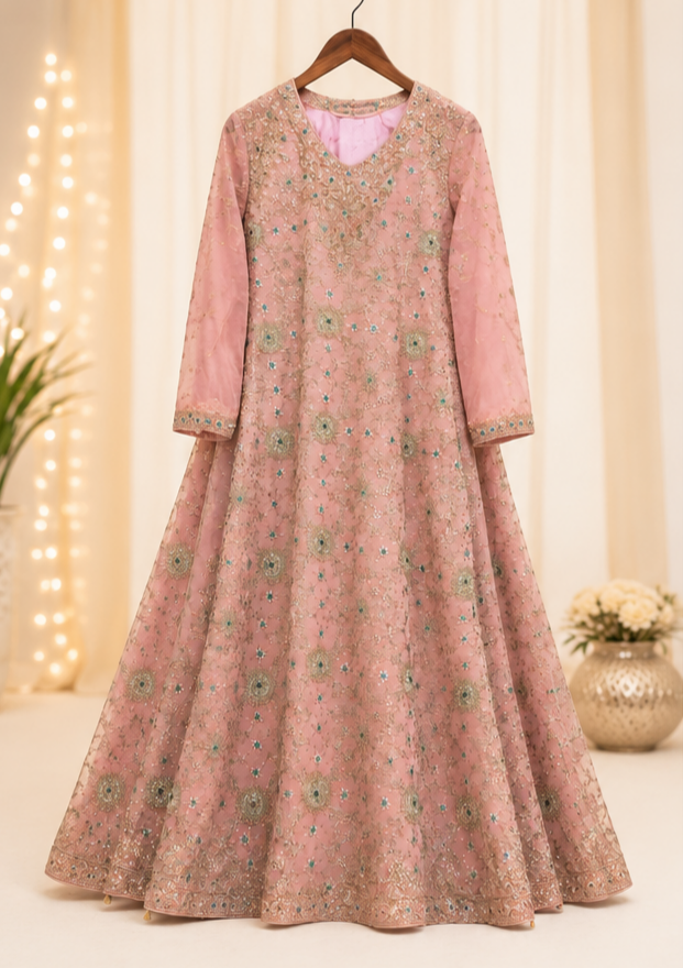 Elegant Pink Embroidered Anarkali Dress with Navy Blue Dupat