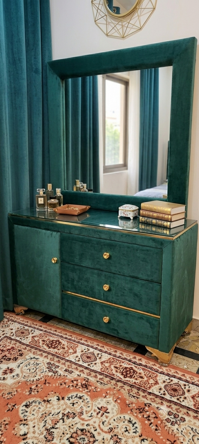 Luxury Emerald Green Velvet Master Bed with 2 Side Tables