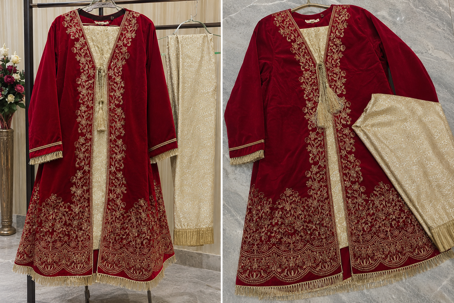 Maroon Velvet Double Shirt with Jamawar Pajama