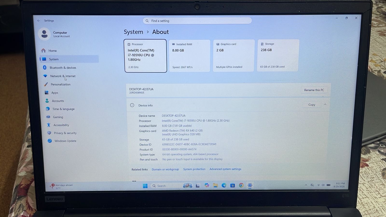Lenovo E15 i7 10th Generation 8/256G ( 2GB graphics)