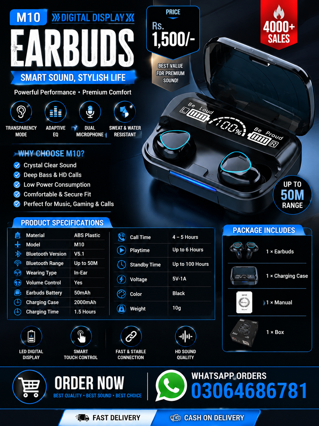 M10 Digital Display Earbuds – Black ABS, Sweat Resistant