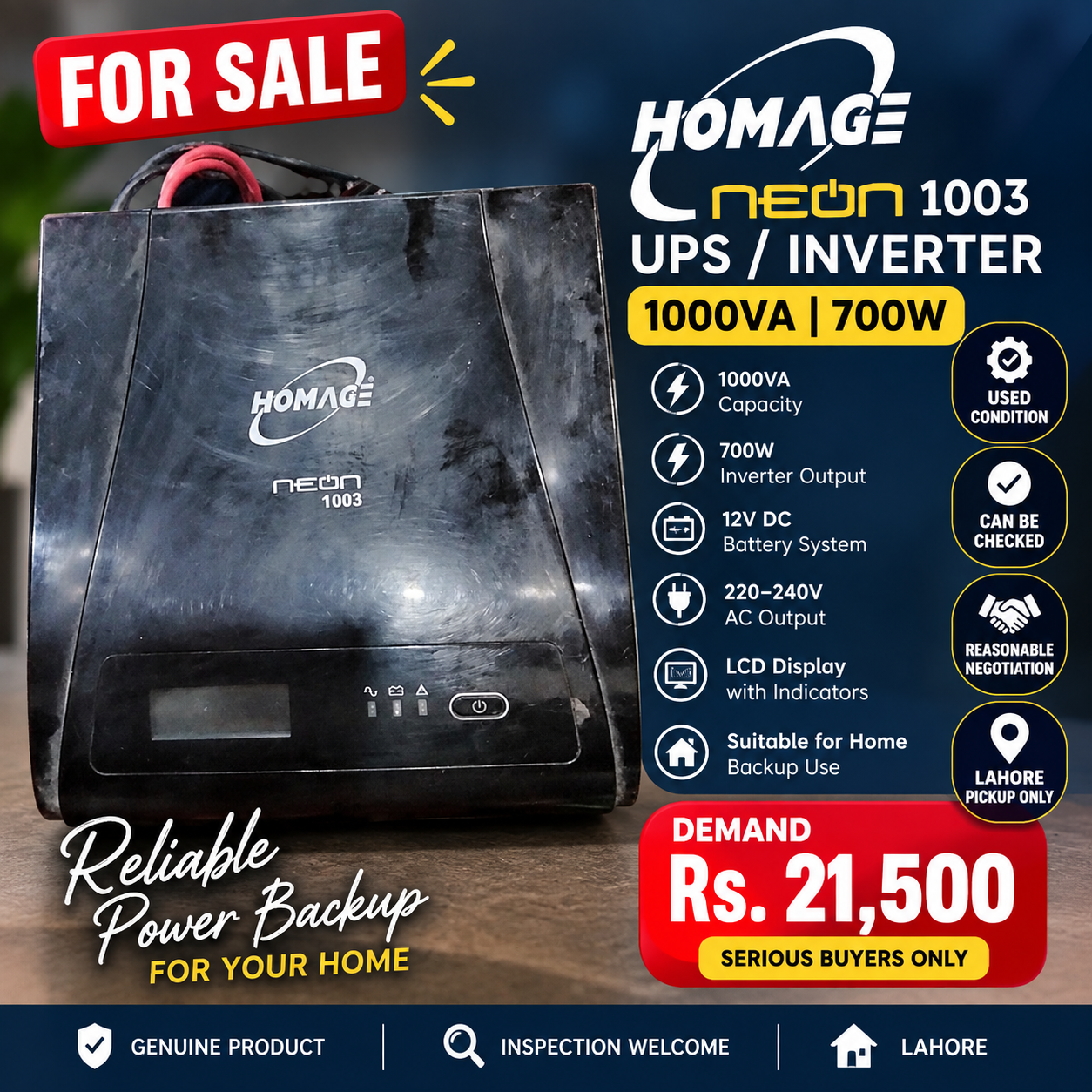 Homage Neon HNE-1003 UPS Inverter 1000VA 700W Lahore