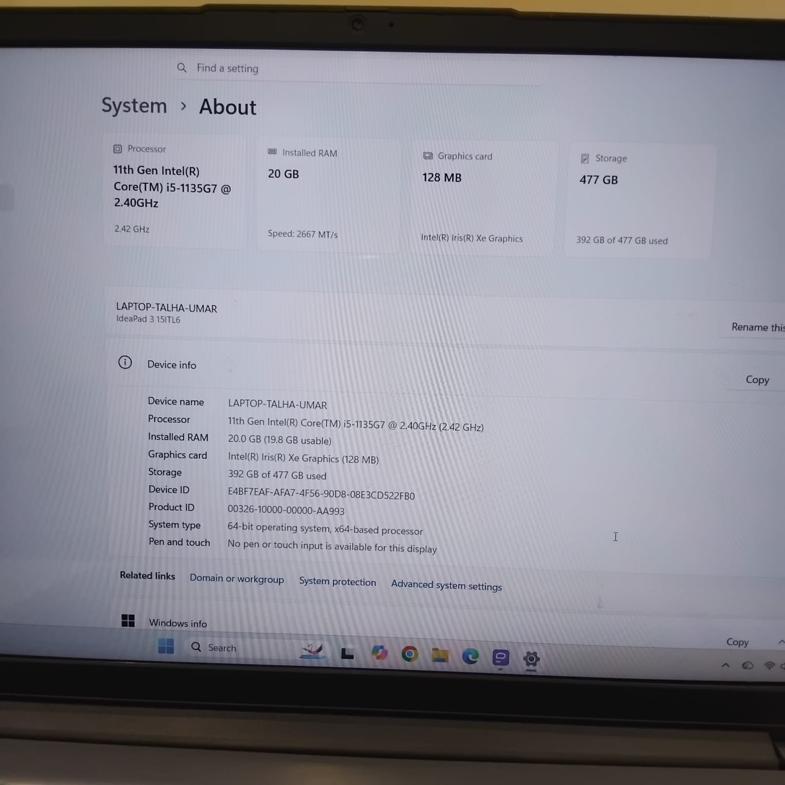 Lenovo IdeaPad 3 15ITL6 i5 11th Gen, 20GB RAM, 256GB SSD