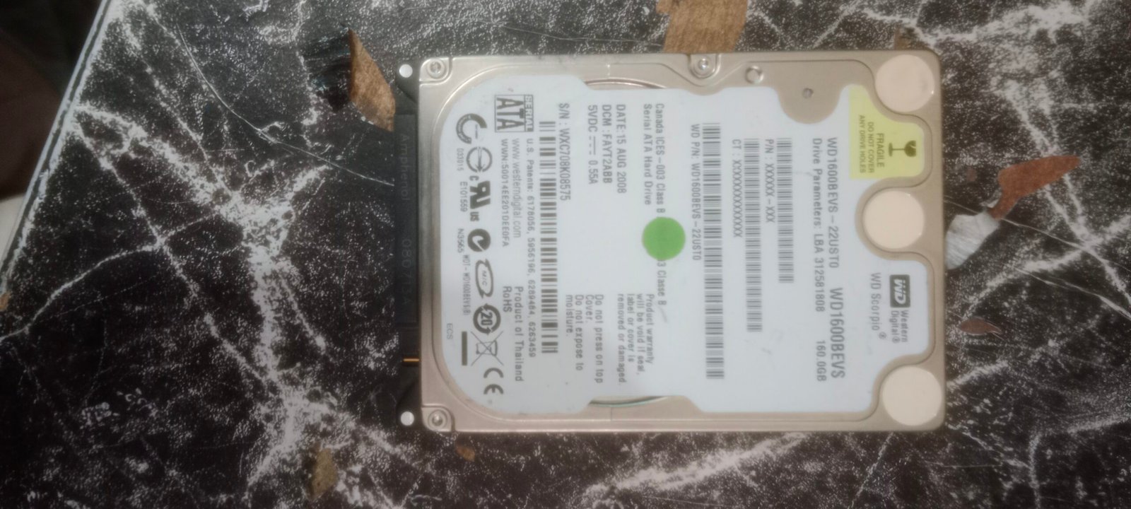 WD HHD for laptop 160gb capacity