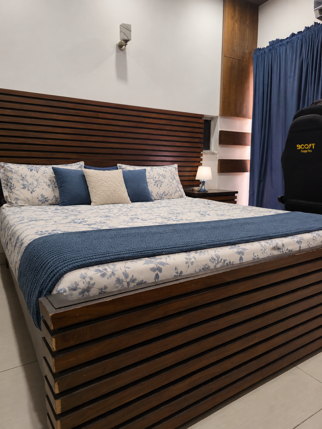King size bed frame with slats, 2 night stands, mattress