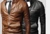 Man’s slip fit leather jacket brown black all season.