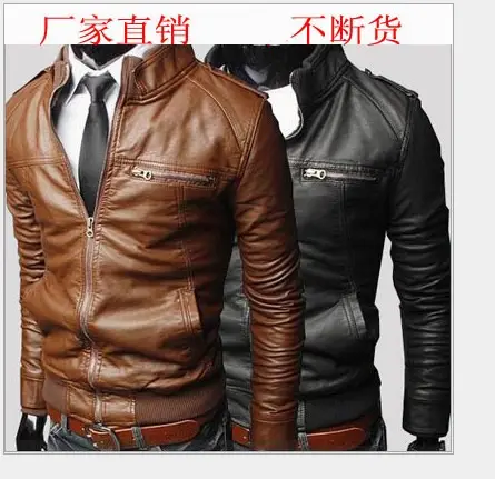 Man’s slip fit leather jacket brown black all season.