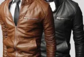 Man’s slip fit leather jacket brown black all season.