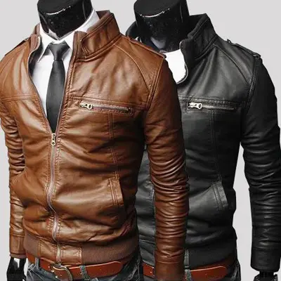 Man’s slip fit leather jacket brown black all season.