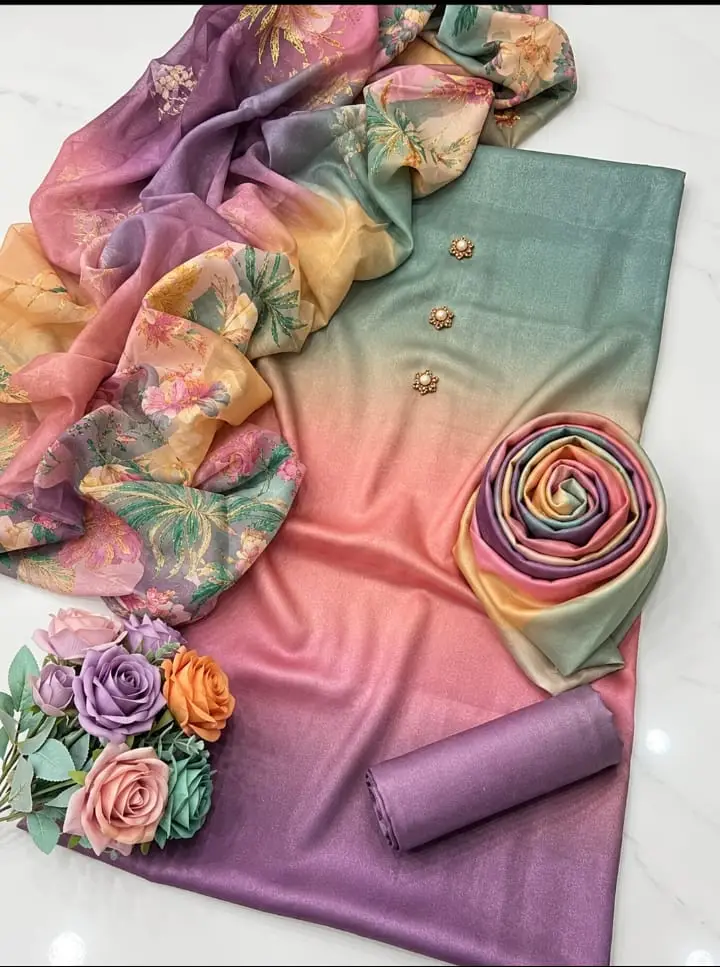 3 Pcs Women’s Silk Printed Unstitched Suit