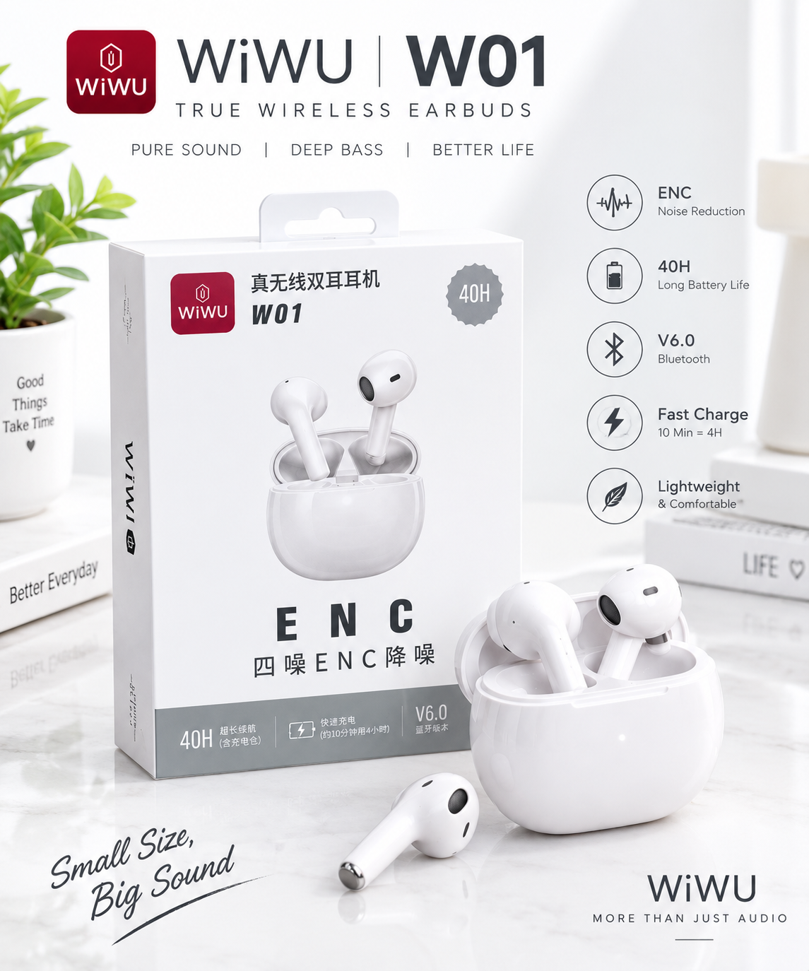 Wiwu ear buds with enc and 40 hour back up