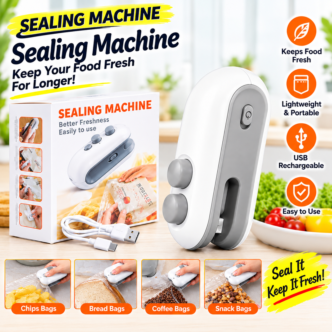 Rechargeable Bag Sealing Machine White Gray USB-C