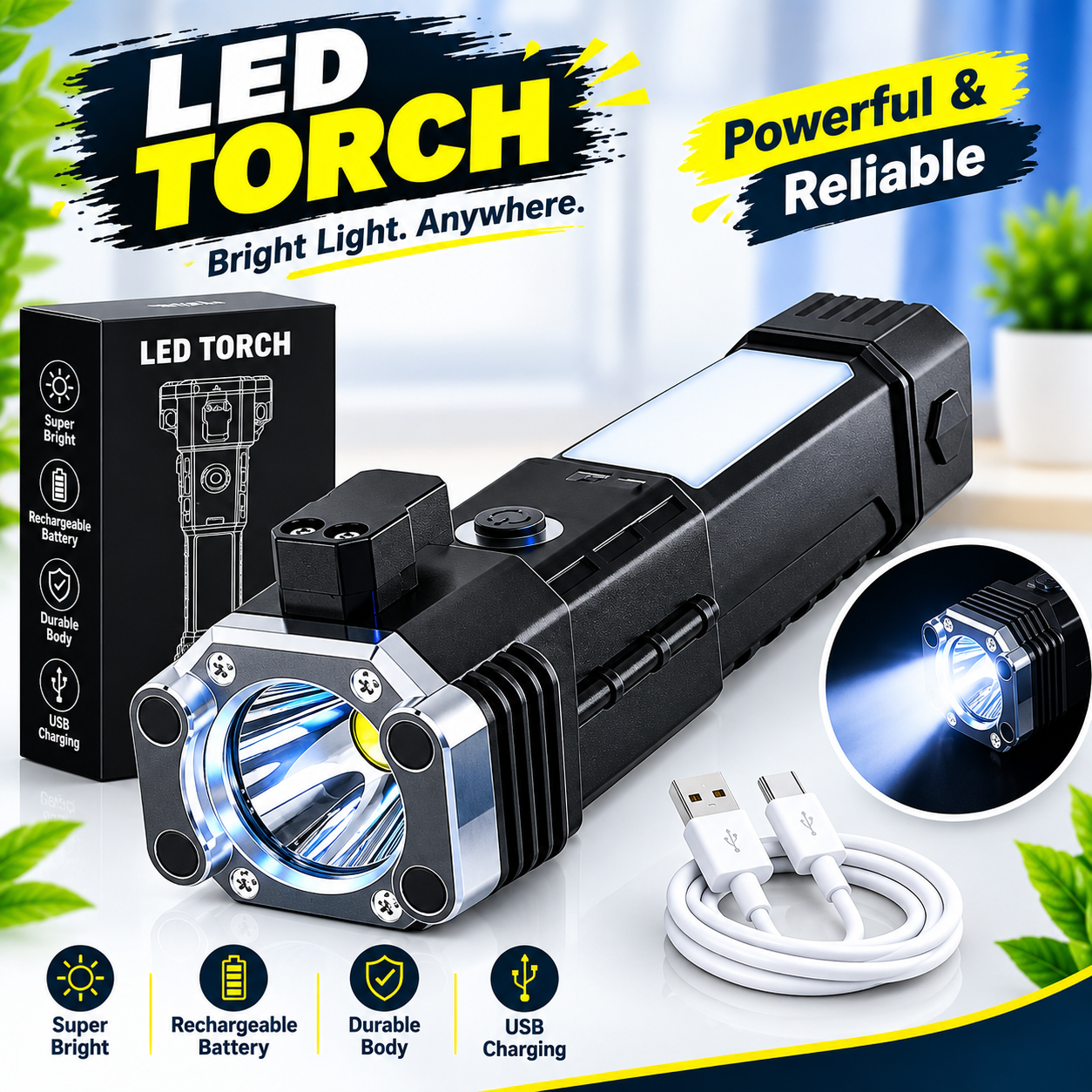 Rechargeable LED Torch Black ABS Aluminum Head Super Bright