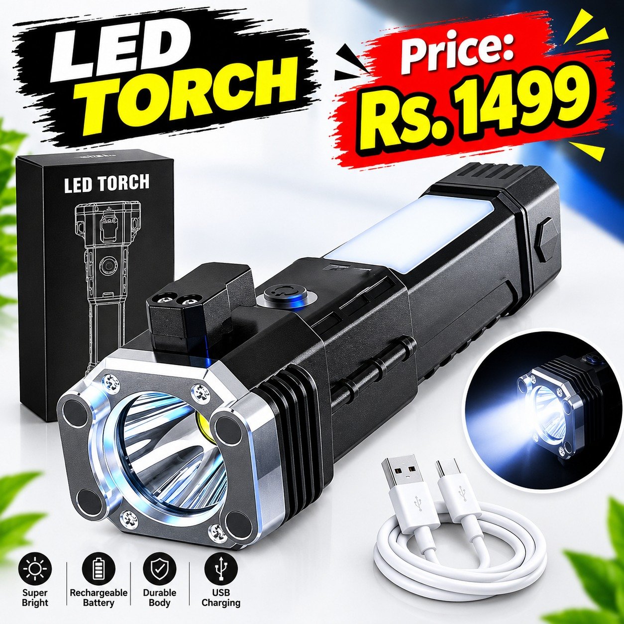 Rechargeable LED Torch Black ABS Aluminum Head Super Bright