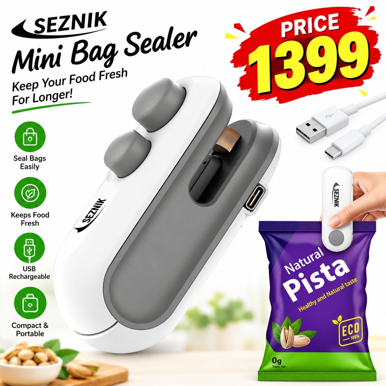 Rechargeable Bag Sealing Machine White Gray USB-C