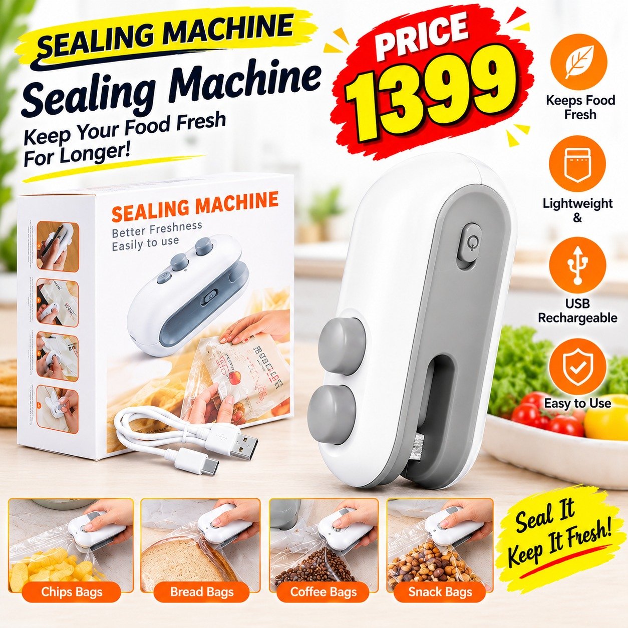 Rechargeable Bag Sealing Machine White Gray USB-C