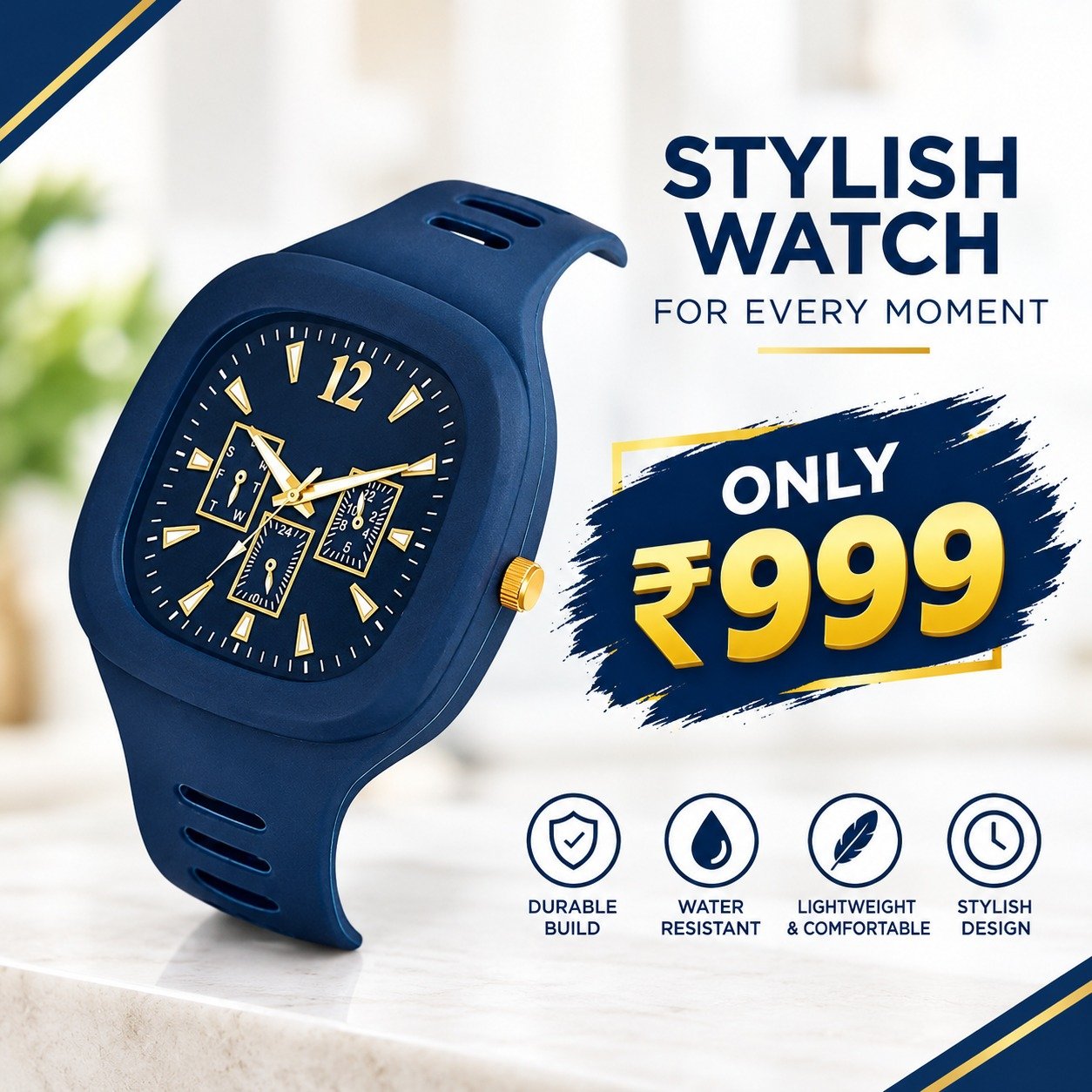 Men’s Blue Analog Watch – Elegant Gold Accent Luxury