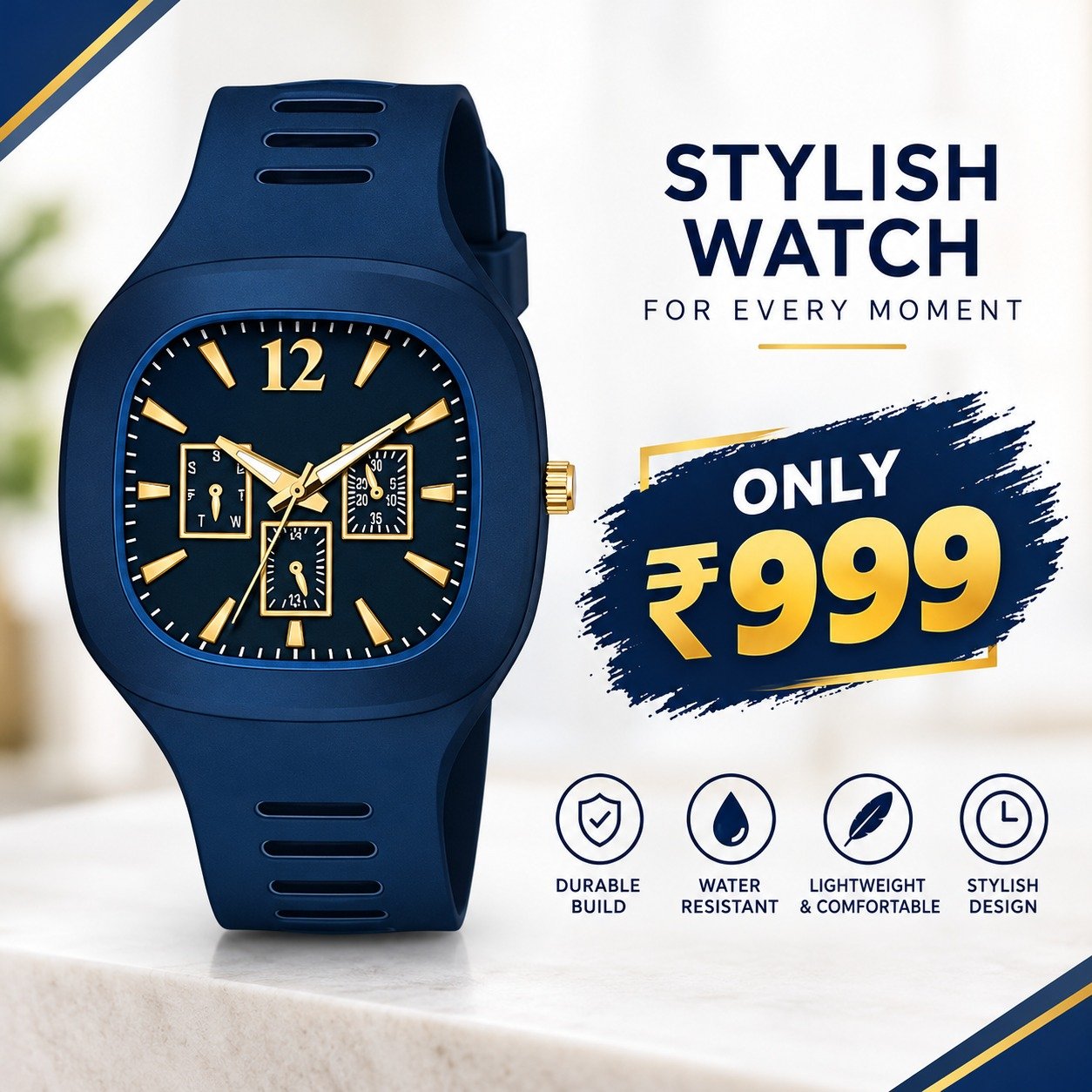 Men’s Blue Analog Watch – Elegant Gold Accent Luxury