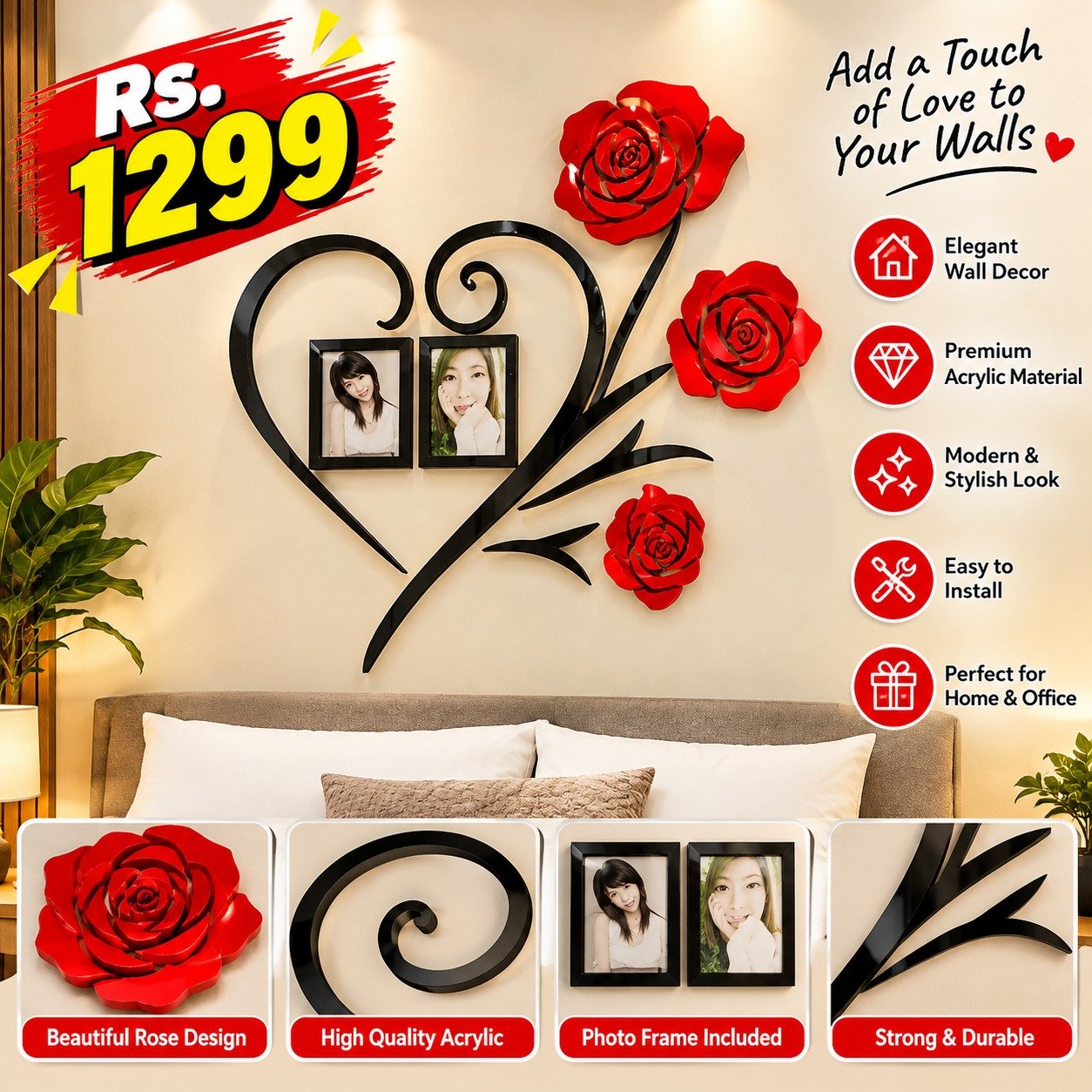 Red Rose Heart Wall Decor with Photo Frames – Romantic Home
