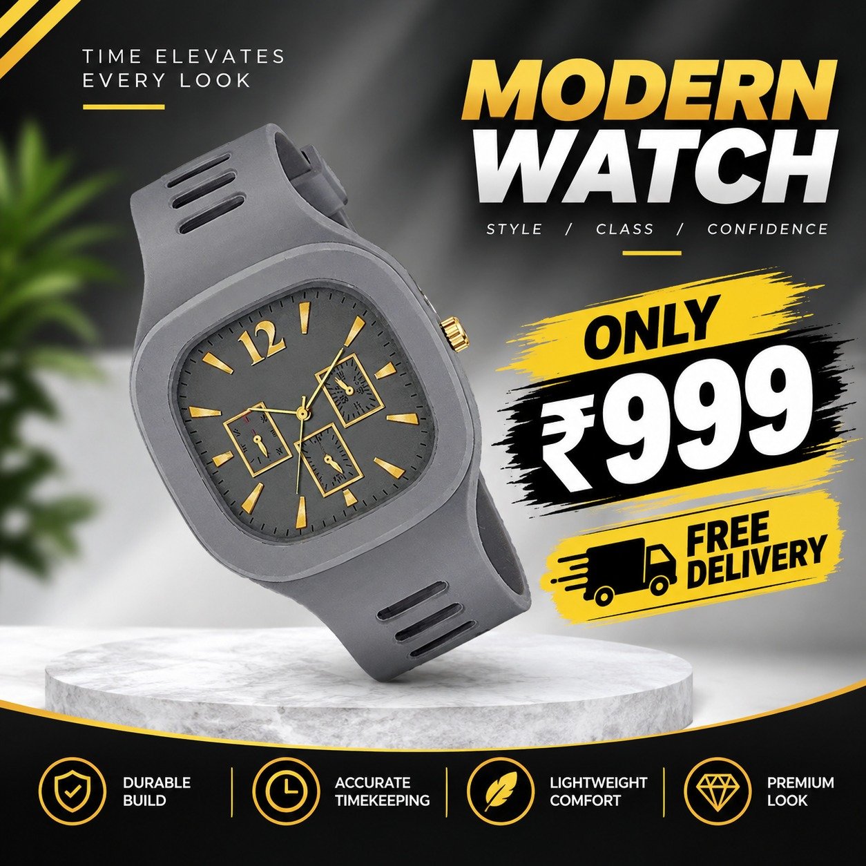 Modern Grey Watch for Men – Elegant Gold Dial with Silicone