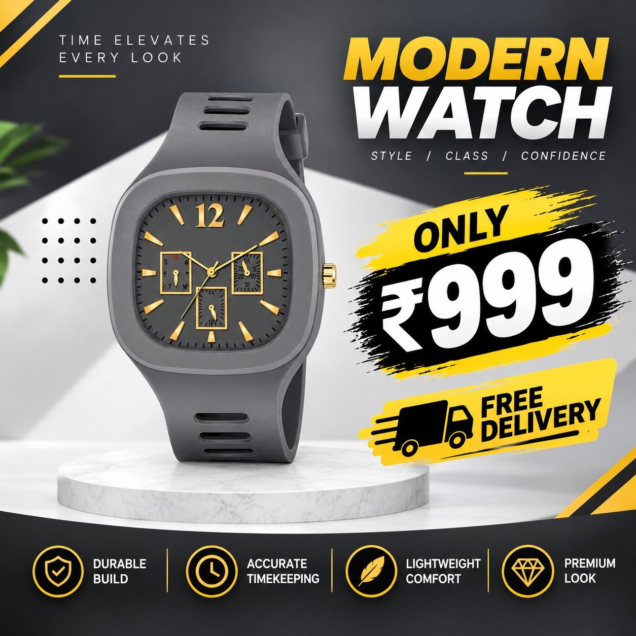 Modern Grey Watch for Men – Elegant Gold Dial with Silicone