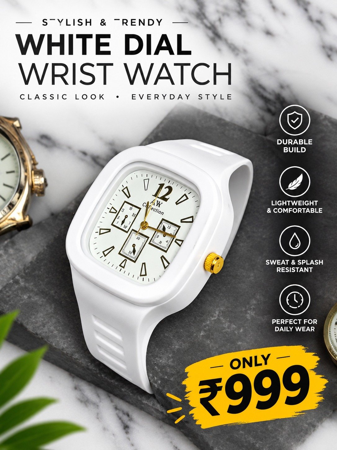 Luxury Men’s White Dial Square Watch – Gold Finish