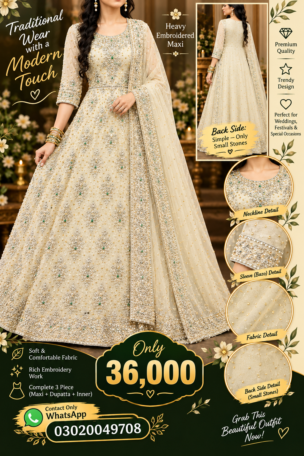 Luxury Ivory Embroidered Maxi – Elegant 3-Piece Formal Wear